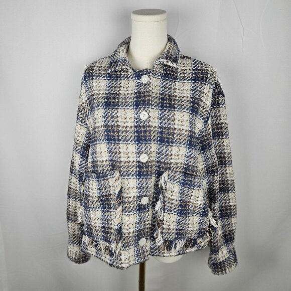 Blank NYC Once In A Lifetime Blue Plaid Tweed Shacket Medium Lady Jacket Western - Picture 7 of 15